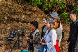 Wildlife photographers exploring the Amazon with a local guide