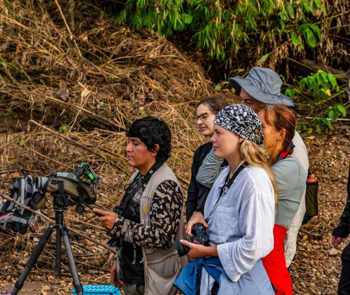 Wildlife photographers exploring the Amazon with a local guide